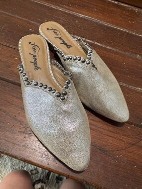 Free People Metallic Silver Studded Pointed Mules